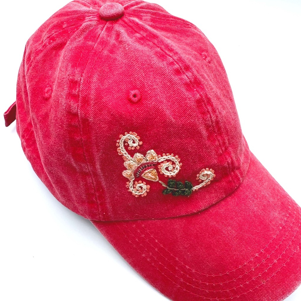 Hand Embroidered Baseball Cap Peruvian Filagree Floral Red Hat